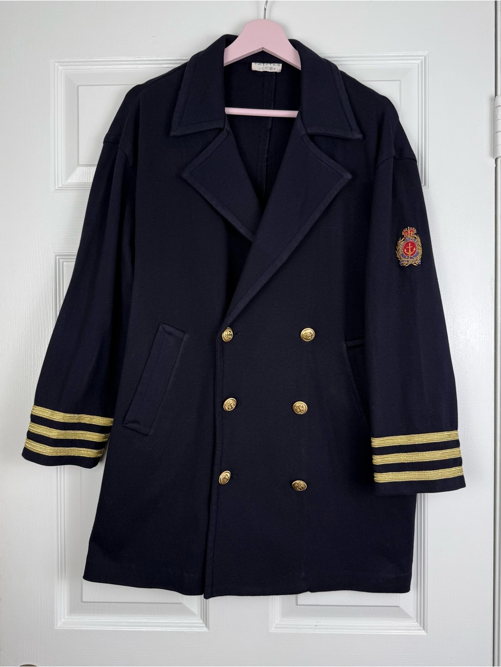 Vintage Navy Double Breasted Peacoat Coat with Gold Trim - Military-Style Jacket